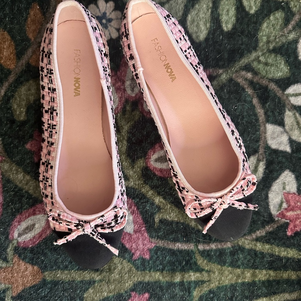 Fashion Nova Pink Tweed Ballet Flats with Black Cap Toe and Bow